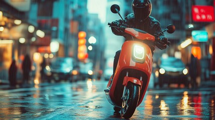 Scooter rider braves the rain in a neon-lit city, evoking a sense of adventure and motion.