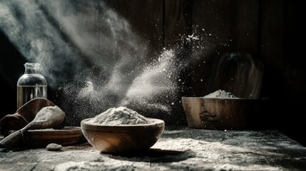 Dramatic flour burst from bowl in rustic kitchen