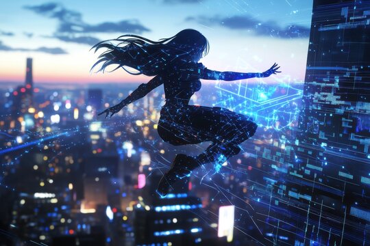 A cyberpunk anime girl in action, featuring futuristic cityscape with neon lights, digital effects, and stylish cyberpunk outfit.