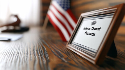 Veteran owned business certification display with american flag, wooden desk setting