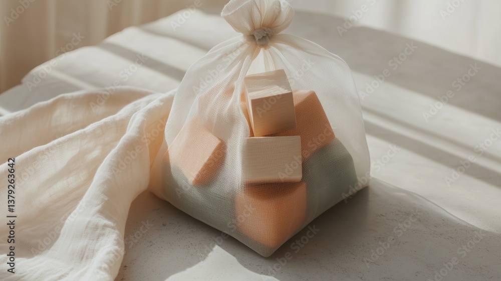 Poster natural soaps in a reusable bag on a countertop with sunlight illuminating the space