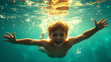 Portrait of a boy swimming underwater in a pool. A joyful child looks at the camera.