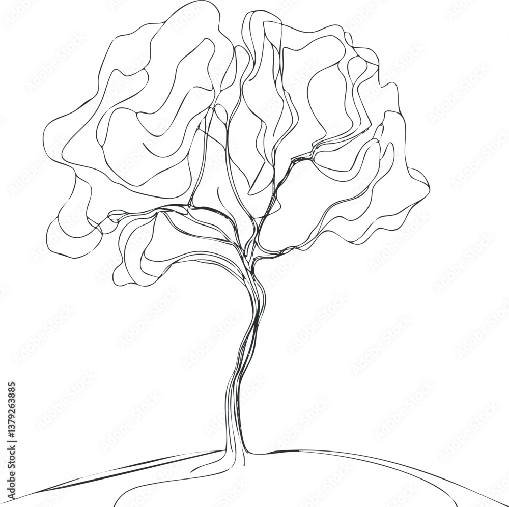Poster abstract line drawing of a tree with flowing, curved lines on a white background.