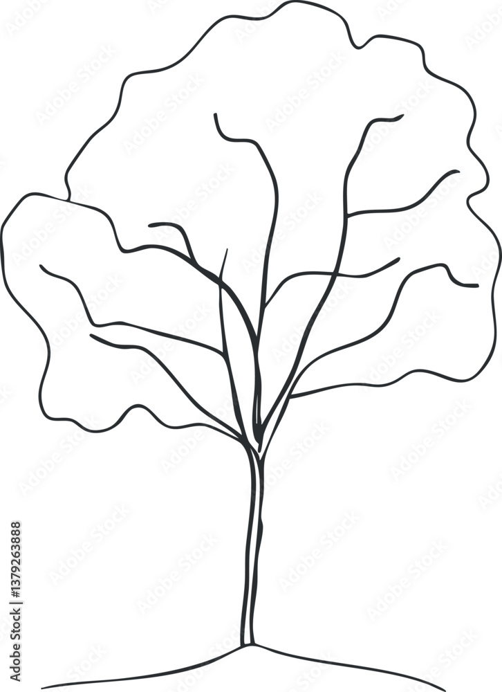 Poster minimalist black and white outline sketch of a tree, emphasizing simplicity and natural form.