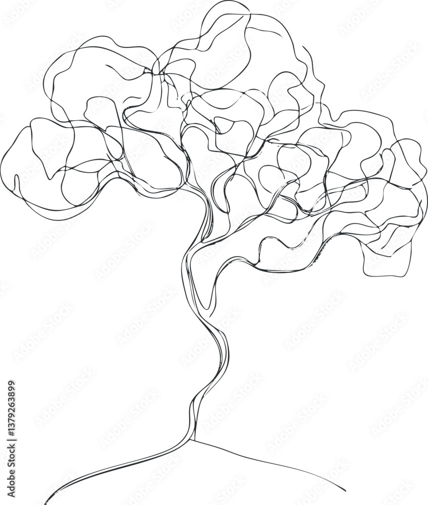 Poster abstract line art drawing of a tree in black and white with minimalist design.