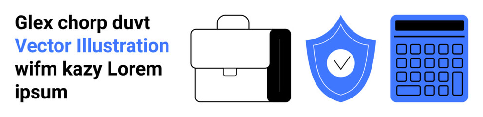 Briefcase, shield with checkmark, and calculator symbolizing protection, organization, and calculation. Ideal for business, finance, security, planning analysis management and a simple landing