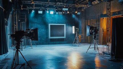 Empty film studio with blue lights and set equipment