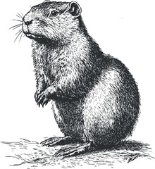 Obraz premium Detailed black and white illustration of a groundhog standing upright, showcasing its natural features.