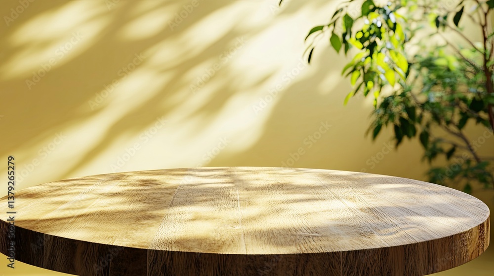 Poster round wooden table top with tree branch shadows on golden background