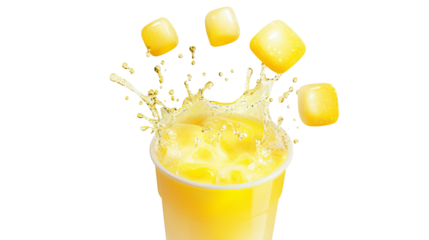 PNG of A refreshing yellow drink with ice cubes splashing in a bright cup, evoking a sense of summer delight. transparent or white background