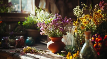 Sunny floral workshop with wildflowers and pottery