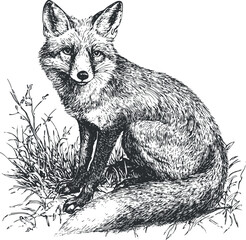 Fototapeta premium Detailed monochrome illustration of a sitting fox surrounded by grass, showcasing its natural elegance.