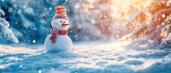 Playful Snowman in Headstand in Winter Forest with Vibrant Sunlight and Falling Snowflakes