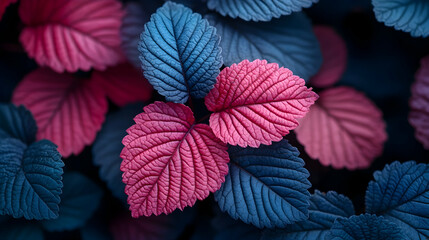 Pink and blue leaves close-up, nature background, vibrant colors, plant texture