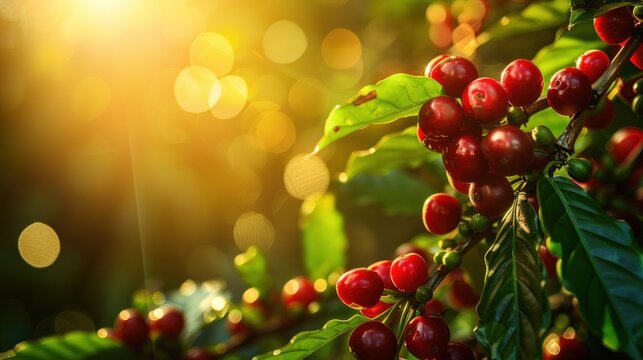 Close-up of ripe coffee cherries on a branch bathed in morning sunlight