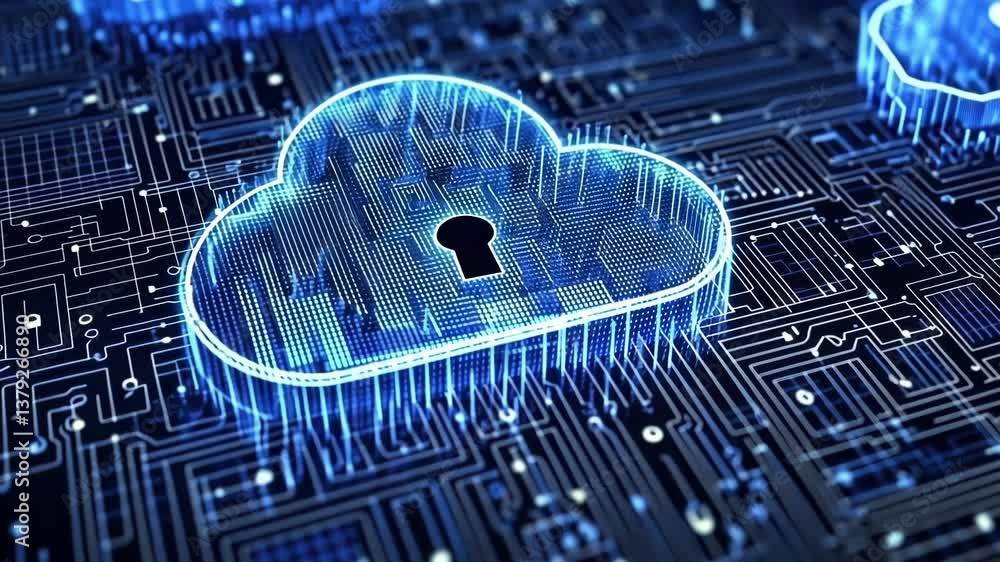 Poster digital cloud computing security concept featuring a prominent padlock icon within glowing blue clou