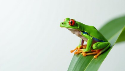Obraz premium Green tree frog perched on white, vibrant colors, amphibian, macro, herpetology