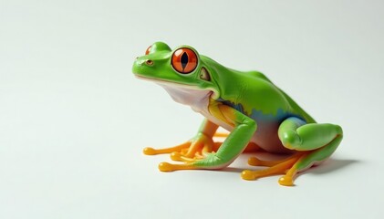 Obraz premium Green tree frog perched on white, vibrant skin, tree frog, reptile
