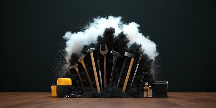 A dramatic display of various tools emerging from a cloud of smoke on a wooden surface