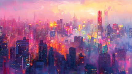 Obraz premium Vibrant city skyline at dawn, misty atmosphere, urban landscape, website banner