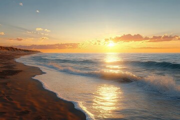 golden hour beach landscape with soft sunlight illuminating tranquil ocean waves