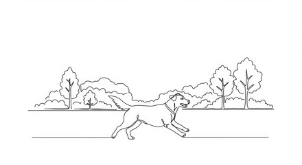 Minimalist line art: A joyous dog running through a park with simple elegance