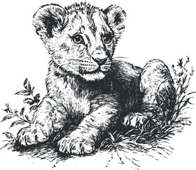 Obraz premium Detailed black and white sketch of a lion cub sitting among plants, showcasing its inquisitive nature.