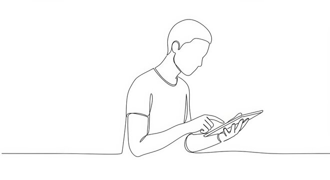 recommend clip art: Minimalist Continuous Line Art: Person Interacting with a Digital Tablet Device