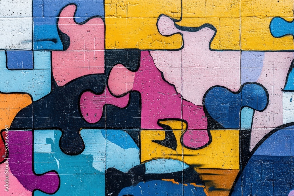 Poster vibrant jigsaw puzzle mural. colorful abstract shapes create a dynamic pattern on a textured surface