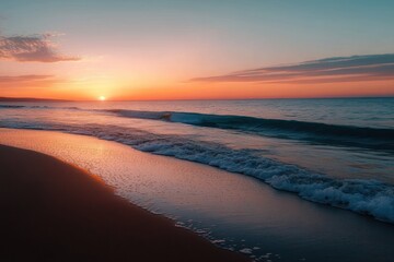 serene beach at sunset with warm pastel colors and tranquil ocean reflection