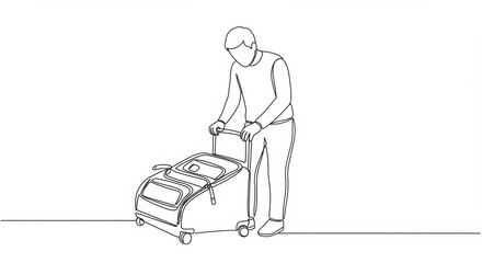 Continuous line drawing of a person with suitcase, travel preparation art