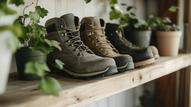 Stylish outdoor hiking boots arranged on a wooden shelf surrounded by indoor plants in a cozy setting