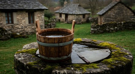 Wooden Bucket Full of Water on Mossy Stone Well in Village