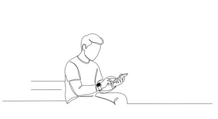Minimalist line art illustration: Person interacting with smartwatch on stark white backdrop