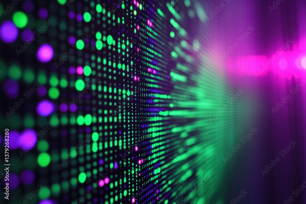 Fototapete dynamic data stream visualization. colorful glowing dots form a matrix-like grid, conveying a sense 