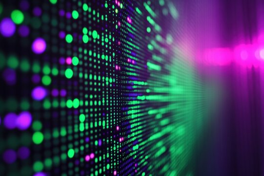 Dynamic data stream visualization.  Colorful glowing dots form a matrix-like grid, conveying a sense of high-speed data flow.  Abstract, vibrant, and futuristic