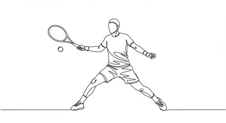 Minimalist line drawing of a tennis player in action against a white backdrop