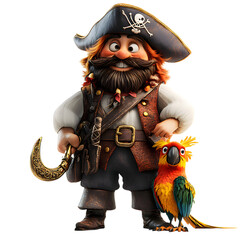 Fluffy 3D Cartoon Pirate with Parrot Isolated on Transparent Background