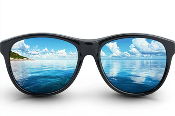 PNG of Stylish black sunglasses showcasing a serene ocean view, reflecting bright blue skies and fluffy clouds. transparent or white background