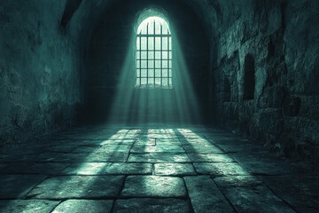 a dark stone room with a gothic atmosphere, reminiscent of a prison cell or dungeon 
