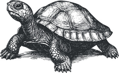 Fototapeta premium Detailed black and white illustration of a turtle, showcasing intricate shell patterns and textures.