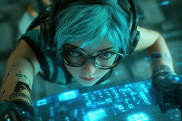 A cyberpunk gamer girl sitting at a desk with a futuristic keyboard, a cup of tea, wearing neon colors and high-tech accessories.