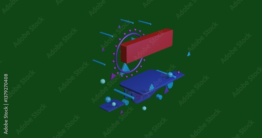 Poster red minus symbol on a pedestal of abstract geometric shapes floating in the air. abstract concept ar