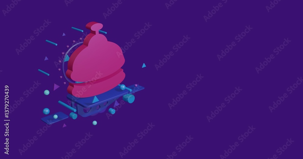 Poster pink reception bell symbol on a pedestal of abstract geometric shapes floating in the air. abstract 
