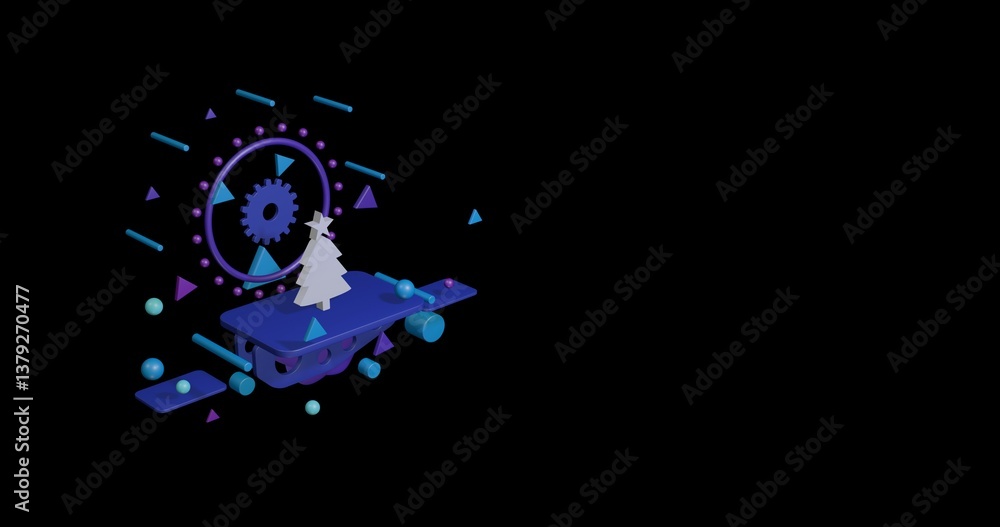 Poster white christmas tree on a pedestal of abstract geometric shapes floating in the air. abstract concep