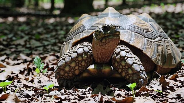 Close-up, low-angle video of a tortoise on a forest floor, highlighting its textured shell and natural habitat in a serene, earthy setting.
