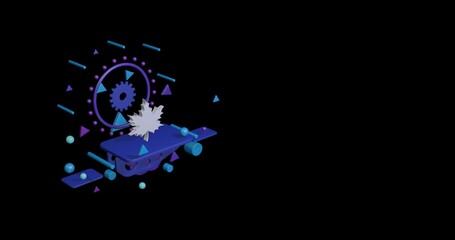 Obraz premium White maple leaf on a pedestal of abstract geometric shapes floating in the air. Abstract concept art with flying shapes on the left. 3d illustration on black background