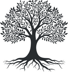 Obraz premium Black silhouette of a tree with detailed branches and roots, showcasing a natural design.