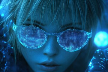 A cyberpunk anime hacker girl with futuristic attire and electronic gadgets. Neon lights and digital interface elements surround her.