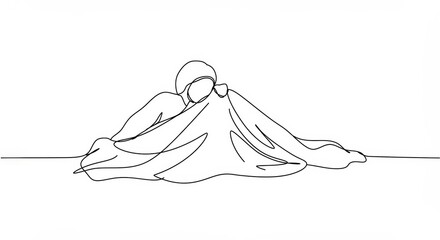 Single line drawing of a person sleeping under a blanket emphasizing simplicity and comfort